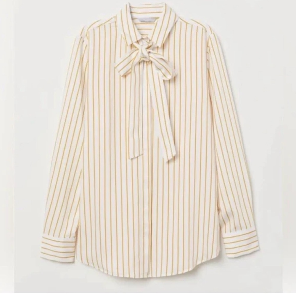 H&M striped button up covered placket shirt w/ detachable neck tie bow